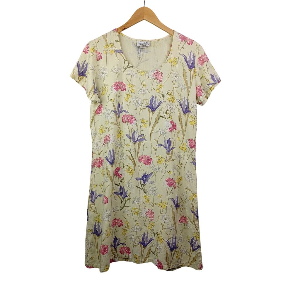Vintage Cotton Connection Linen Floral Dress Large Yellow Beach Resort Vacation